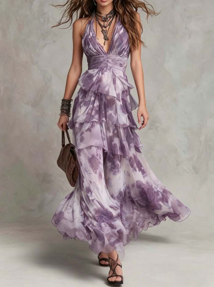 Boho Ruffled Plisse Tiered Maxi Dress