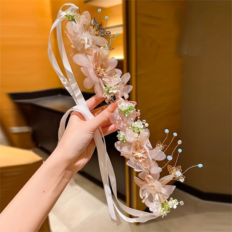 Exquisite and Fashionable Headband with a Charming Floral Crown Design - Sweet Style Featuring a Mix of Colors: , White, and Beige , Green Leaves, and Accents - Perfect for Birthdays, Holidays, and Parties - Suitable for All Seasons