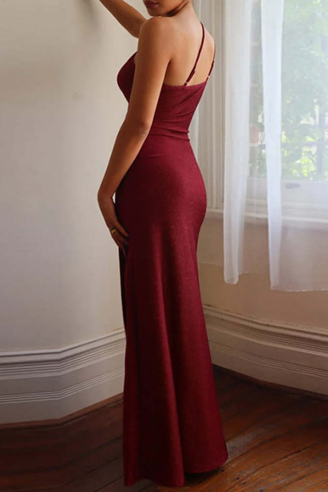 Sleeveless One Shoulder Cutout High Slit Shimmering Maxi Dress