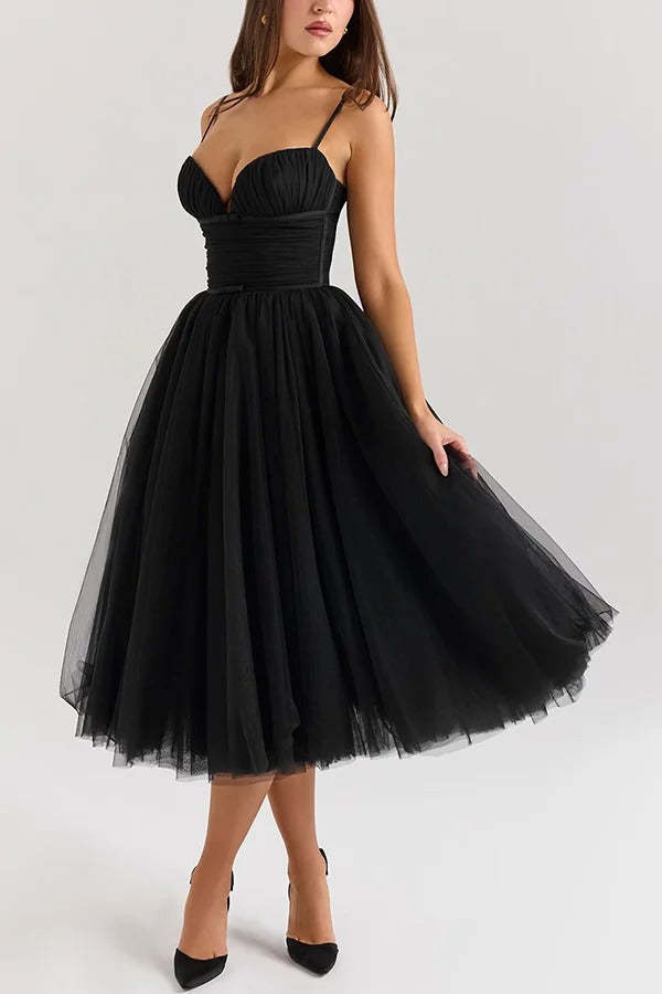Tulle Deep V Neck Cinch Waist Slip Midi Bouffant Dresses-LightPink