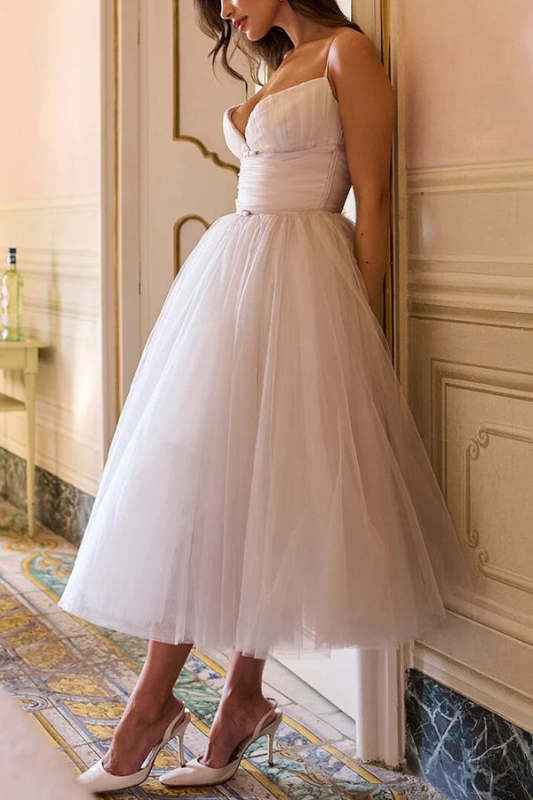 Tulle Deep V Neck Cinch Waist Slip Midi Bouffant Dresses-LightPink