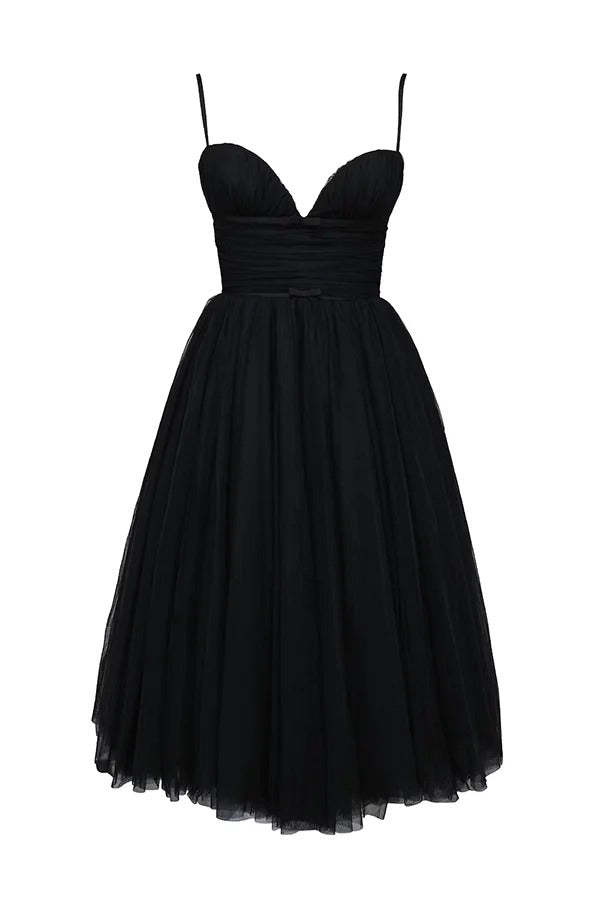 Tulle Deep V Neck Cinch Waist Slip Midi Bouffant Dresses-LightPink