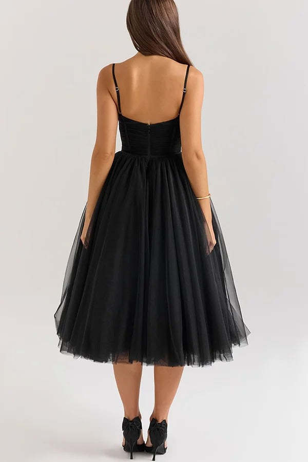 Tulle Deep V Neck Cinch Waist Slip Midi Bouffant Dresses-LightPink