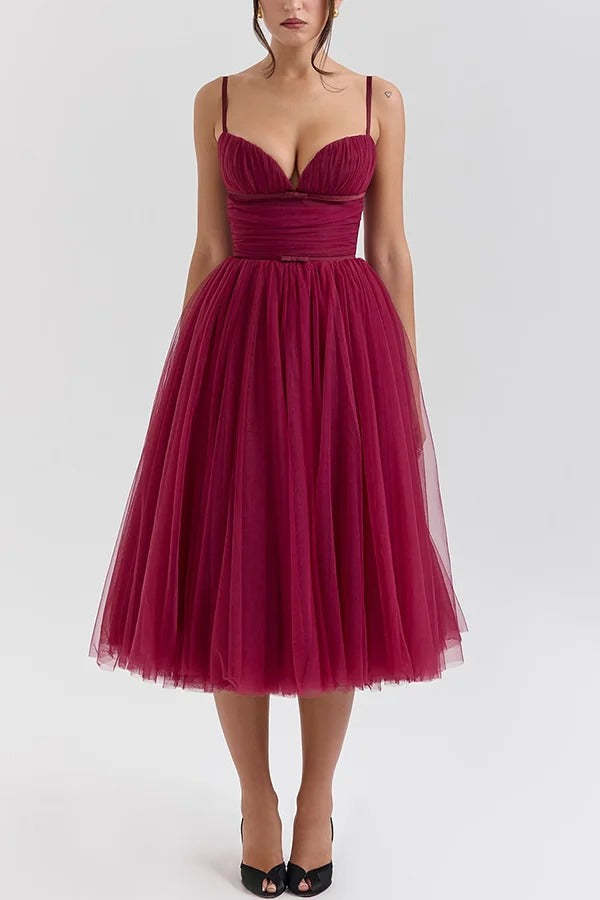Tulle Deep V Neck Cinch Waist Slip Midi Bouffant Dresses-LightPink