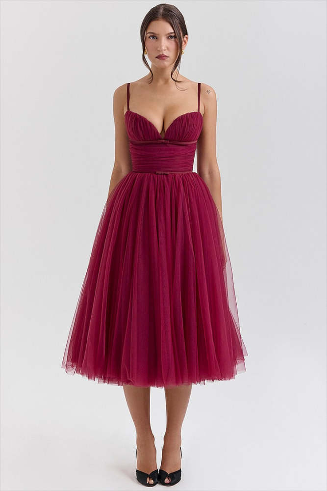 Tulle Deep V Neck Cinch Waist Slip Midi Bouffant Dresses-LightPink