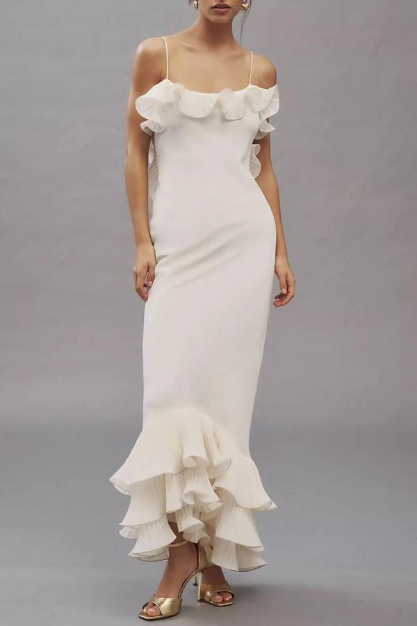 Alisin Pleated Chiffon Wavy Ruffles Trim Slip Maxi Dress