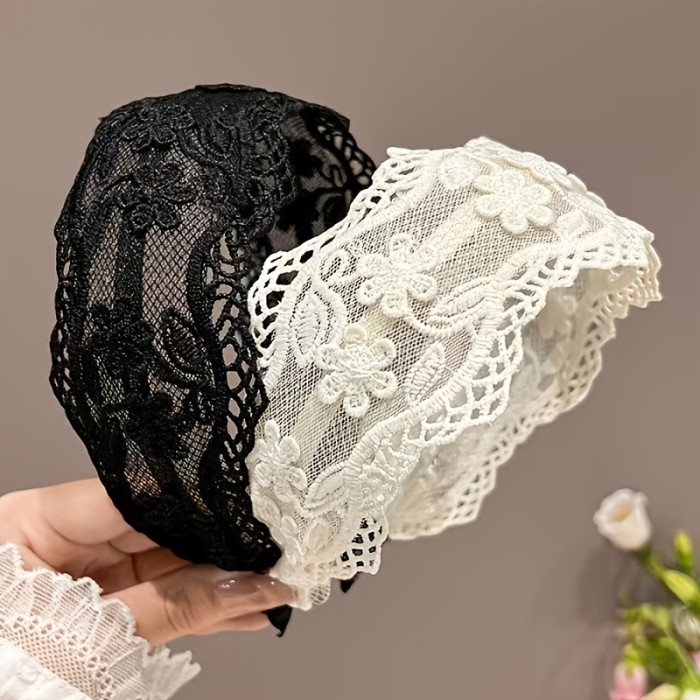 2pcs French-Style Wide-Brim Lace Headbands Suitable for Vintage Hair, Black & Embroidered Flower Bands for Daily Commute, Wedding, Valentine' Day, Braids, Ponytails - Retro Hair