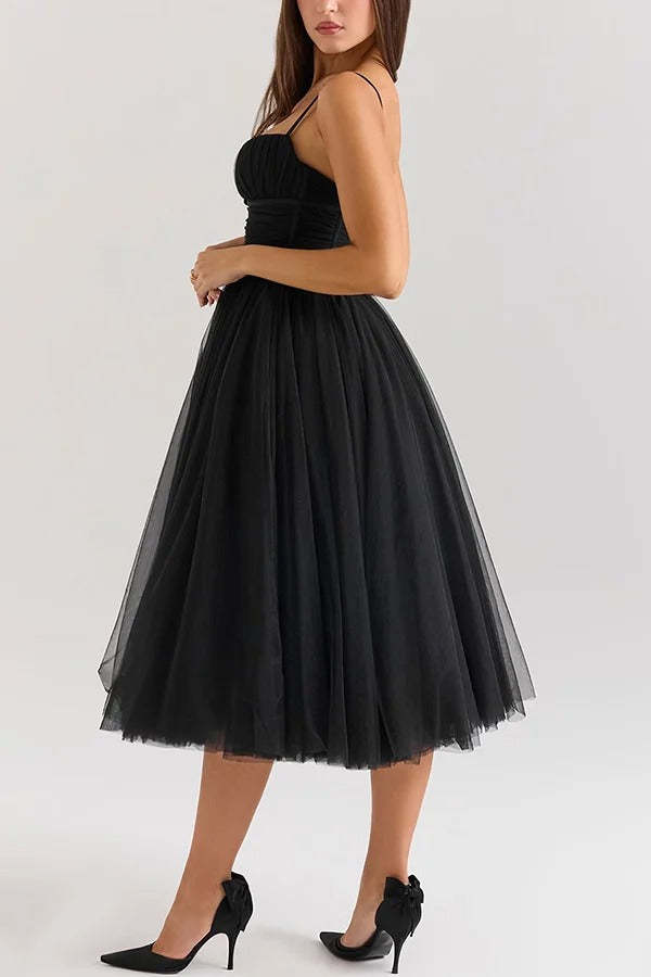 Tulle Deep V Neck Cinch Waist Slip Midi Bouffant Dresses-LightPink