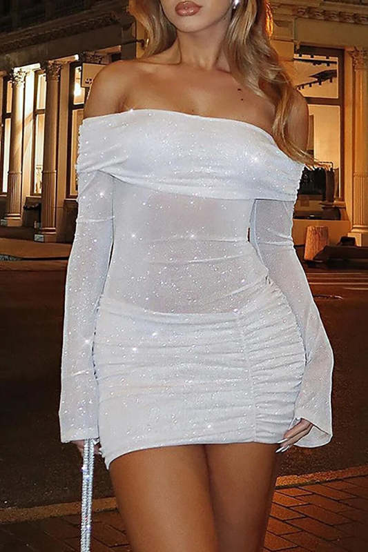 Shimmery Long Sleeve Off Shoulder Ruched Semi Sheer Mini Dress