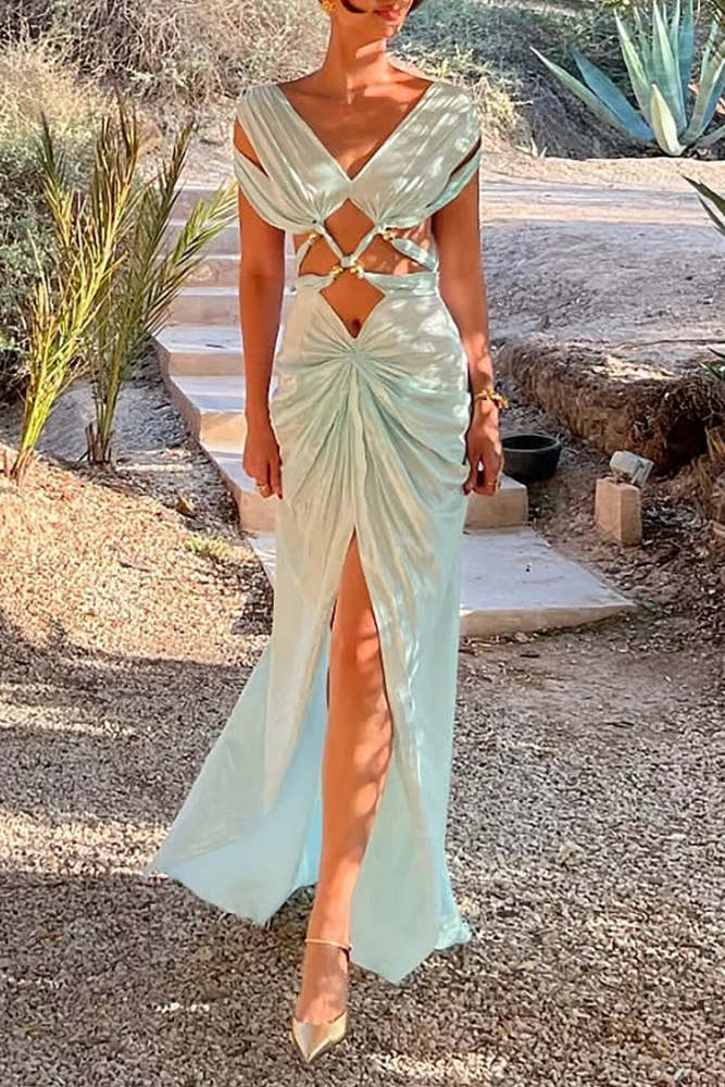 V Neck Cutout Ruched Slit Backless Maxi Dresses-LightGreen Pre Order
