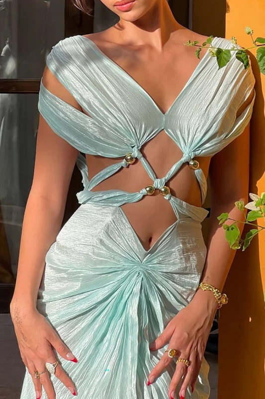 V Neck Cutout Ruched Slit Backless Maxi Dresses-LightGreen Pre Order