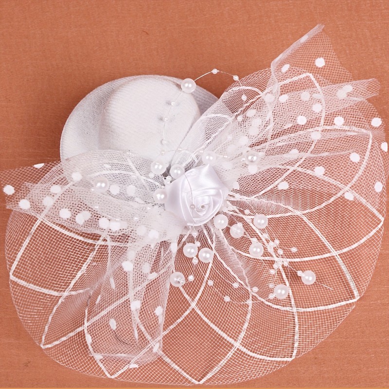 1 Small White Top Hat Black Mesh Flower Fascinator Holiday Party