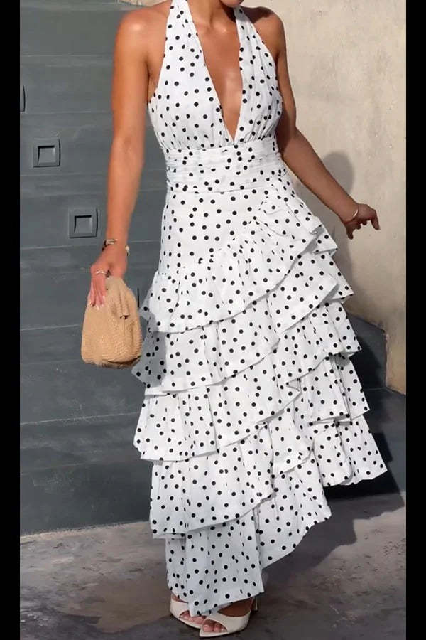 Violet Polka Dot Print Layered Ruffles Halter Tie-up Midi Dress