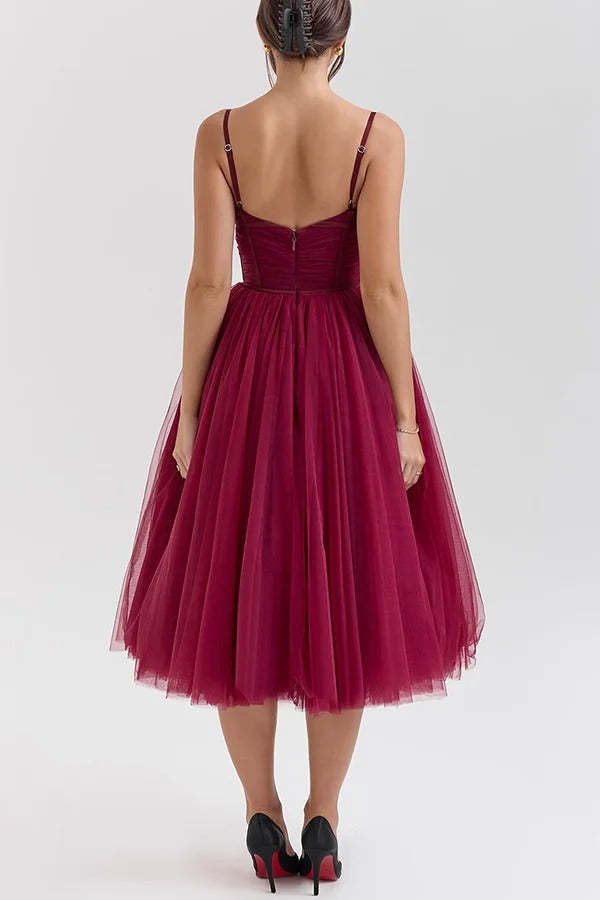 Tulle Deep V Neck Cinch Waist Slip Midi Bouffant Dresses-LightPink