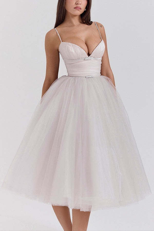 Tulle Deep V Neck Cinch Waist Slip Midi Bouffant Dresses-LightPink