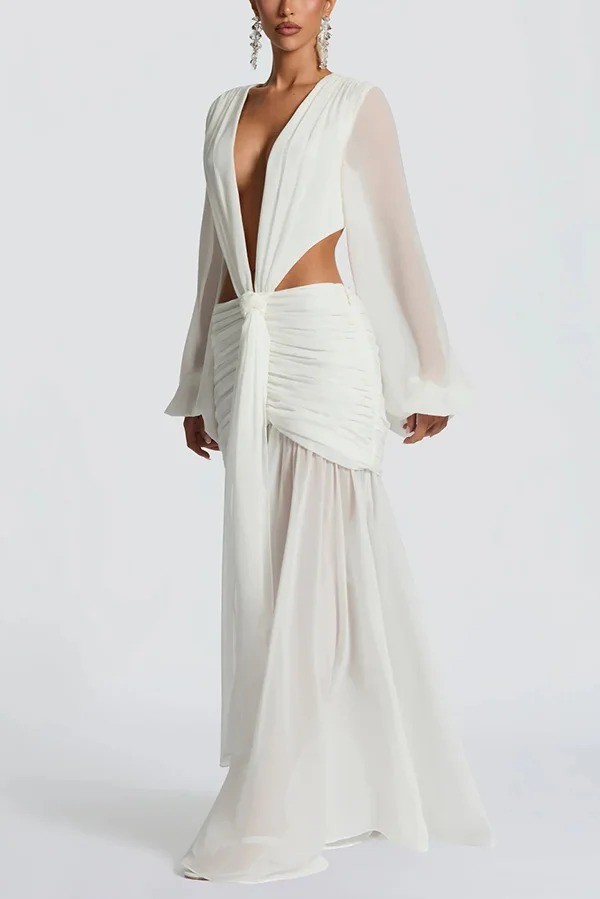 Deep Memories Chiffon Balloon Sleeve Cutout Ruched Drape Maxi Dress