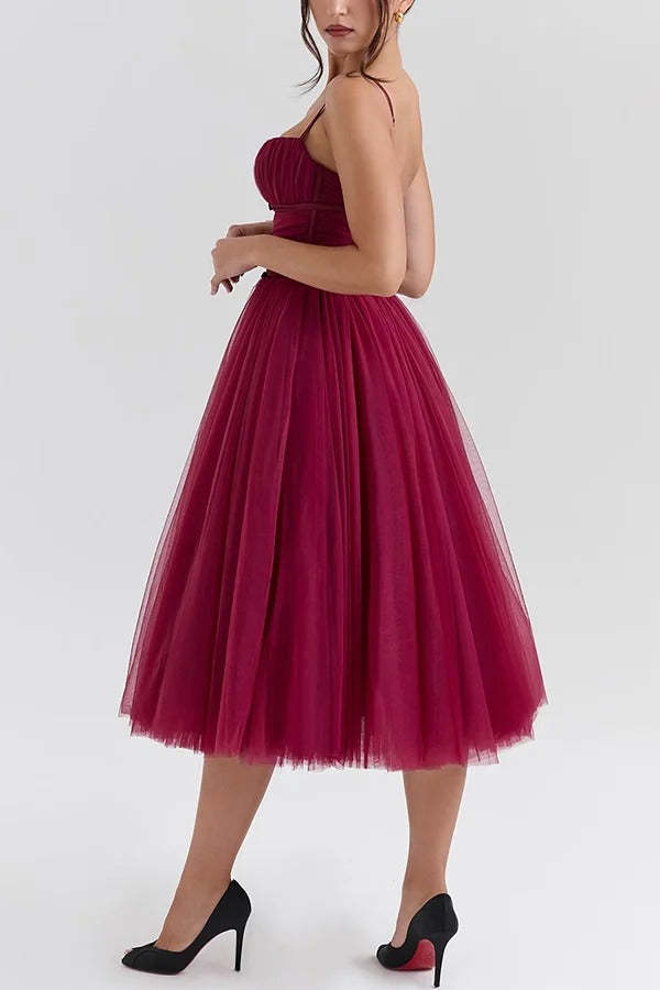Tulle Deep V Neck Cinch Waist Slip Midi Bouffant Dresses-LightPink