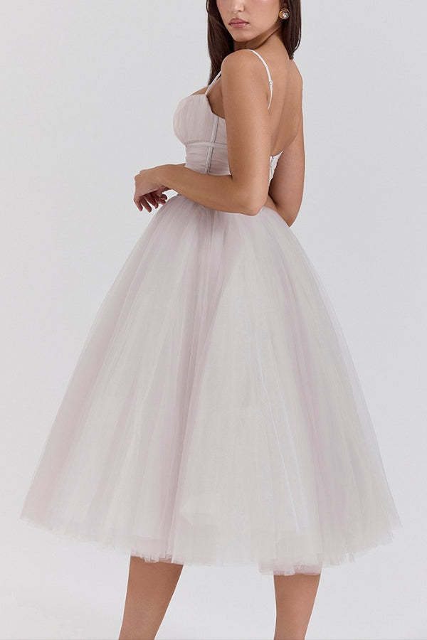Tulle Deep V Neck Cinch Waist Slip Midi Bouffant Dresses-LightPink
