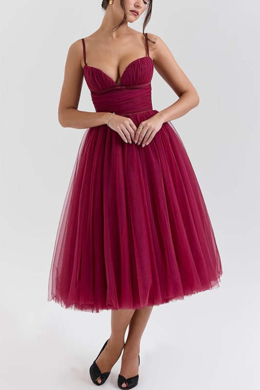 Tulle Deep V Neck Cinch Waist Slip Midi Bouffant Dresses-LightPink