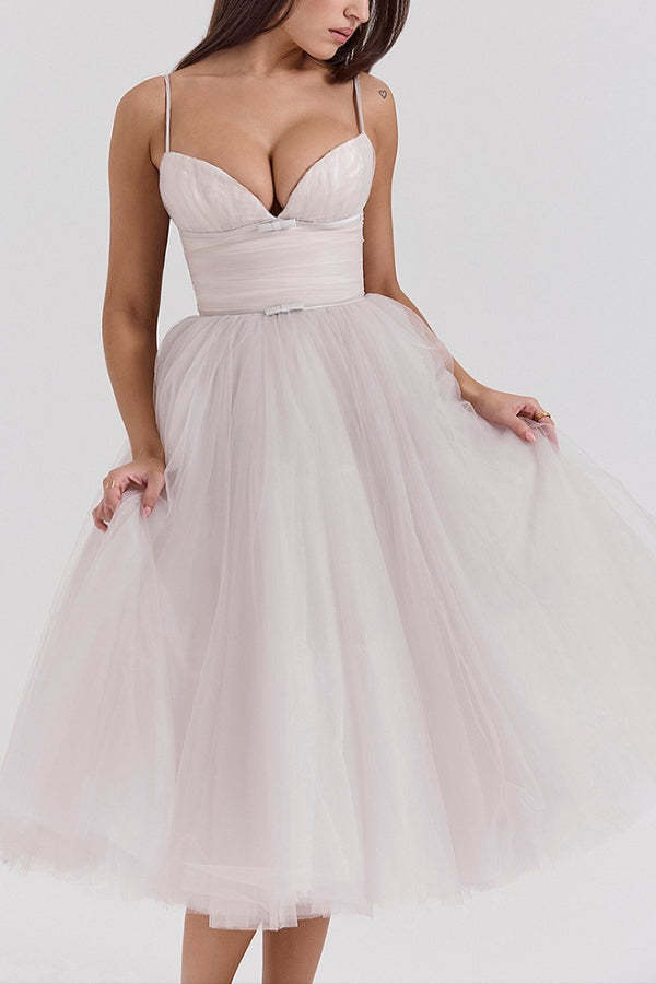 Tulle Deep V Neck Cinch Waist Slip Midi Bouffant Dresses-LightPink