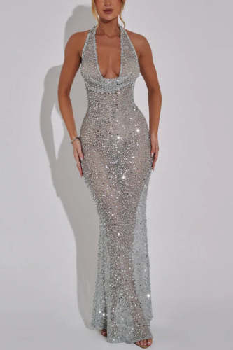 Shine All Night Sheer Sequin Cowl Neck Halter Maxi Dress