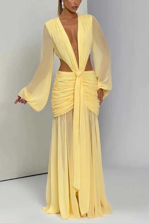 Deep Memories Chiffon Balloon Sleeve Cutout Ruched Drape Maxi Dress