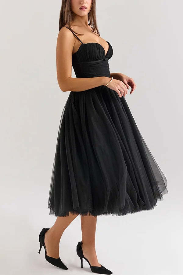 Tulle Deep V Neck Cinch Waist Slip Midi Bouffant Dresses-LightPink