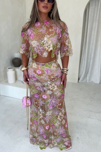 Fashionable Embroidered Flower Sequined Crop Top and Elegant Sheer Maxi Skirt Set