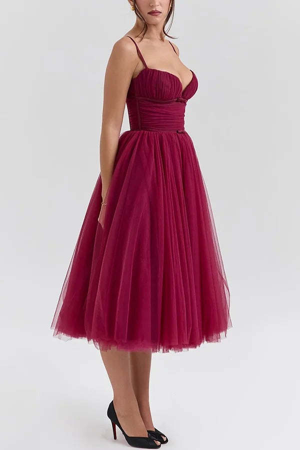 Tulle Deep V Neck Cinch Waist Slip Midi Bouffant Dresses-LightPink