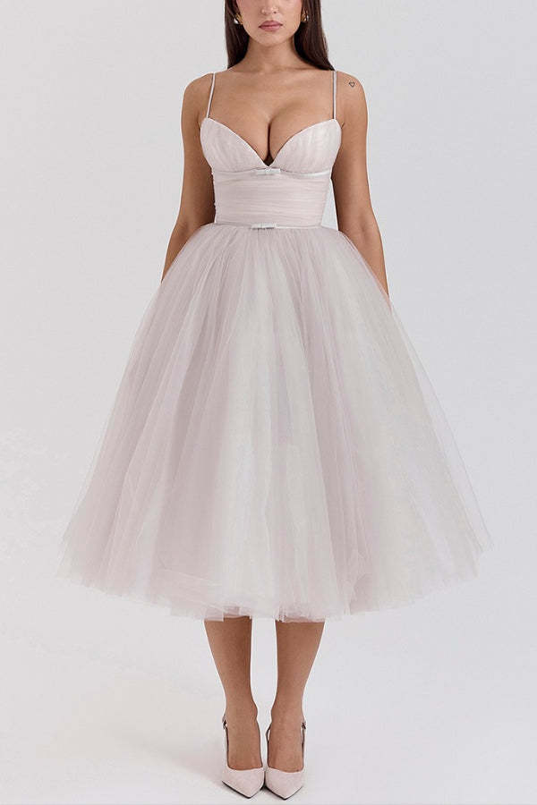 Tulle Deep V Neck Cinch Waist Slip Midi Bouffant Dresses-LightPink