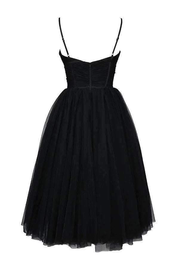 Tulle Deep V Neck Cinch Waist Slip Midi Bouffant Dresses-LightPink
