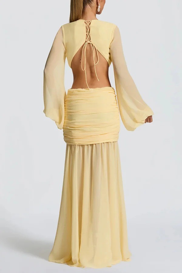 Deep Memories Chiffon Balloon Sleeve Cutout Ruched Drape Maxi Dress