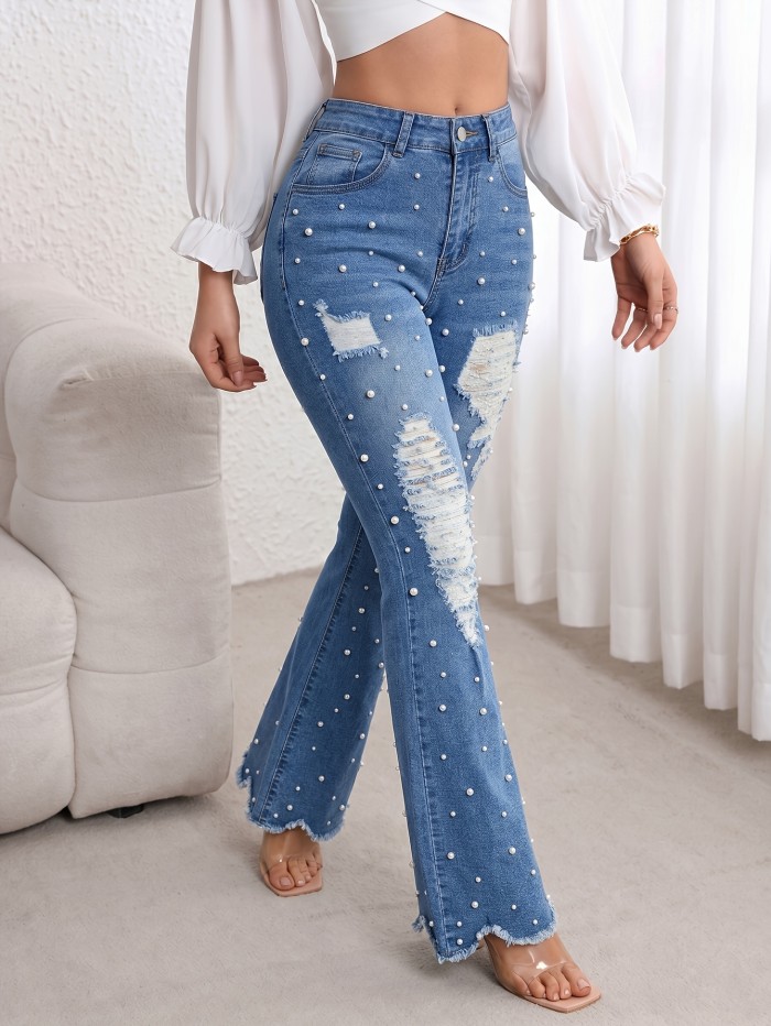 Vintage Blue Bell Bottoms Vintage High Waist Women's Ripped Flare Jeans | Pearl Beading, Blue Frayed Hem Bell Bottoms, Tall-Flattering Pants