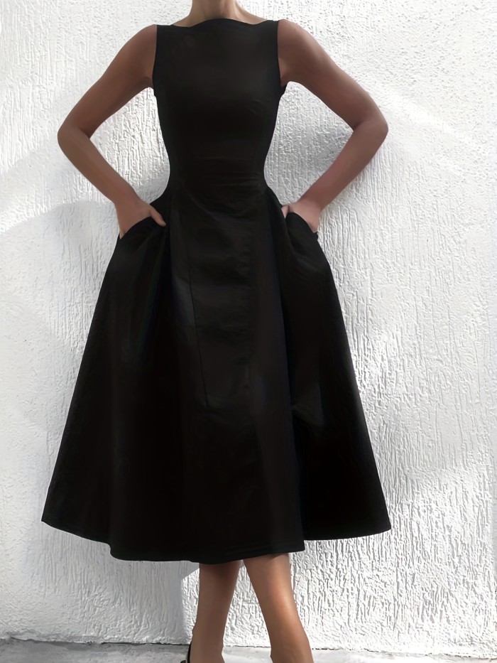 Women's Classic Hepburn-Style Sleeveless Waist-Cinched Black Flared Midi Gown, Vintage Elegant Sleeveless Little Black Dress, Waist-Cinched A-Line Flared Midi Gown, Suitable for Daily Wear, Commuting, Parties, and Various Occasions