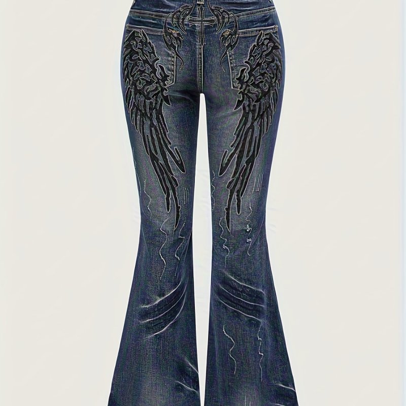 Vintage Heavy Craft Denim Jeans with Black Wing Embroidery, Vintage Street Style, Stretch Flared Denim Pants