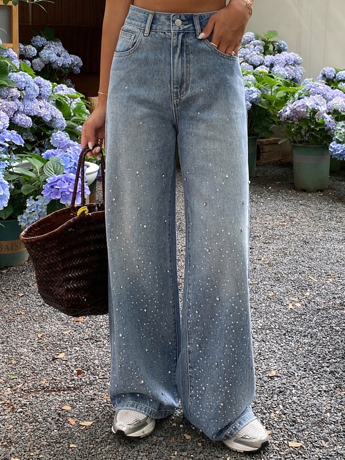 Studded and Sparkling Embellished Streetwear-Style Denim Jeans with Heavy Embroidery, Loose-Fit Straight-Leg Wide-Leg Jeans