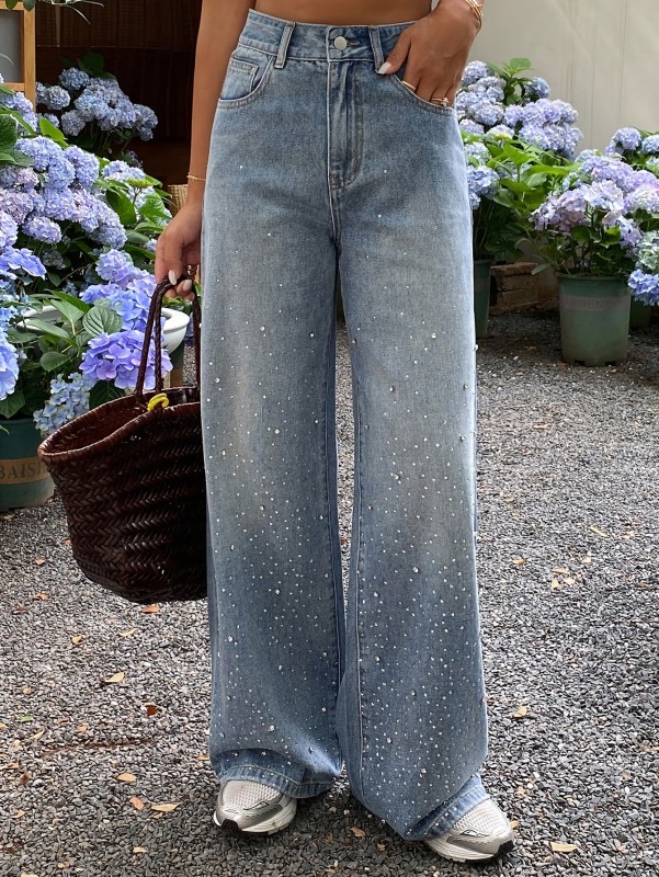 Studded and Sparkling Embellished Streetwear-Style Denim Jeans with Heavy Embroidery, Loose-Fit Straight-Leg Wide-Leg Jeans