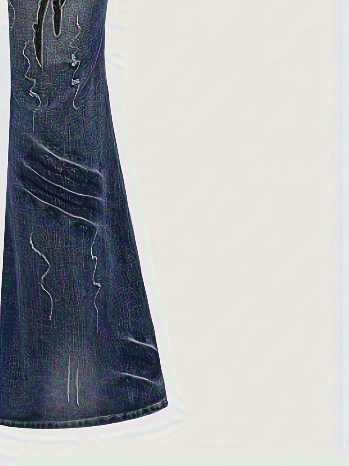 Vintage Heavy Craft Denim Jeans with Black Wing Embroidery, Vintage Street Style, Stretch Flared Denim Pants