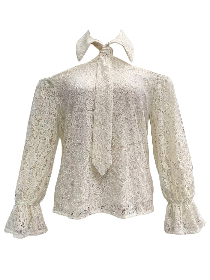 Women'S Elegant Off-Shoulder Long Sleeve Blouse, Embroidered with Scarf Detail, Fashionable Top for Office, Party, And Commute, Spring Summer Wardrobe Essential