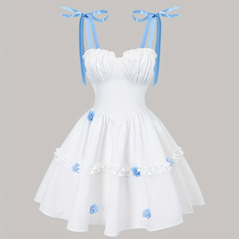 Elegant White Ruffled Tutu Dress with Blue Ribbon Accents - Perfect for Weddings, Graduations, and Summer Events, Polyester Fabric, Ruched Bust Design, All-Season Versatile, Graduation Dress | Ruffled Tutu Skirt | Polyester Dress