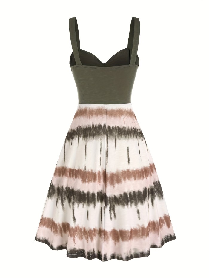 Tie Dye Print Fake Button Dress, Casual Sleeveless Backless For Summer, Women's Clothing
