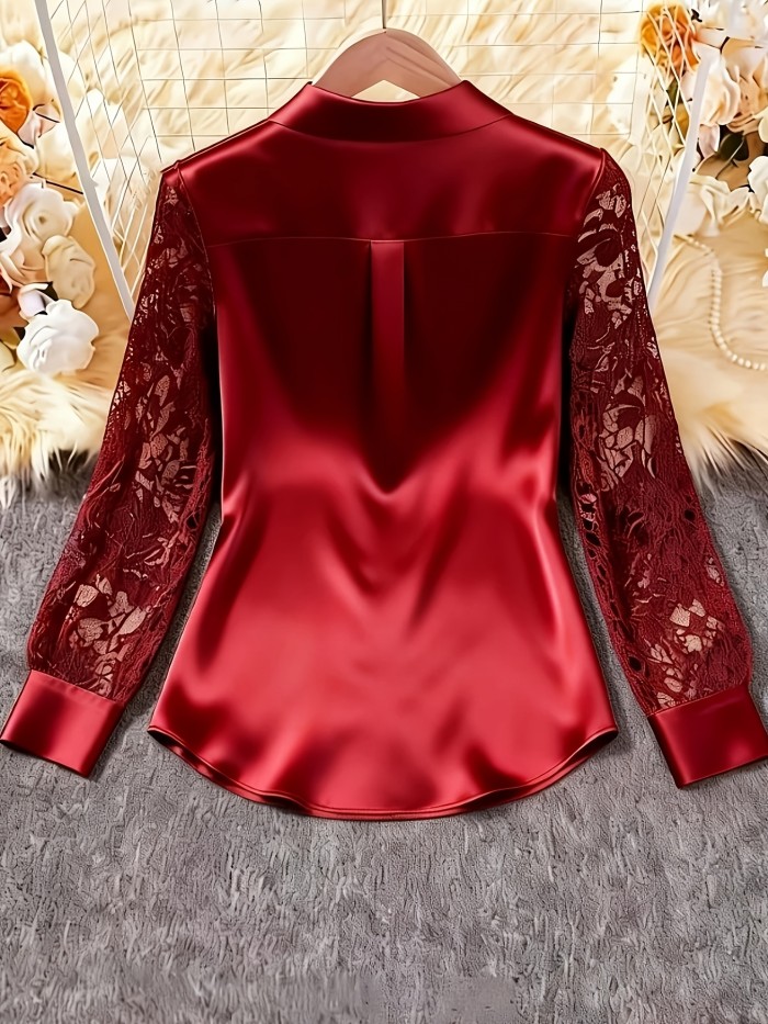 Elegant Lace-Trimmed Satin Shirt for Women | Contrast Lace Details, Lapel Collar, Solid Color, All-Season Wear