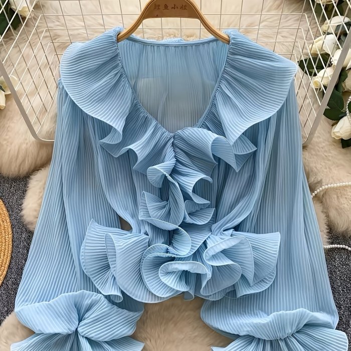 French Gentle Style\u002FV-Neck Ruffled Pleated Blouse\u002FWomen's Spring Summer Long Sleeve\u002FAll-Match Design Top