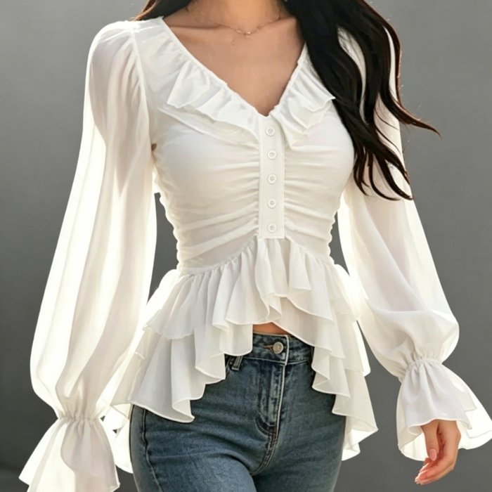 Women'S Spring Summer Casual Elegant Ruffled V-Neck Lantern Sleeve Layered Design Blouse