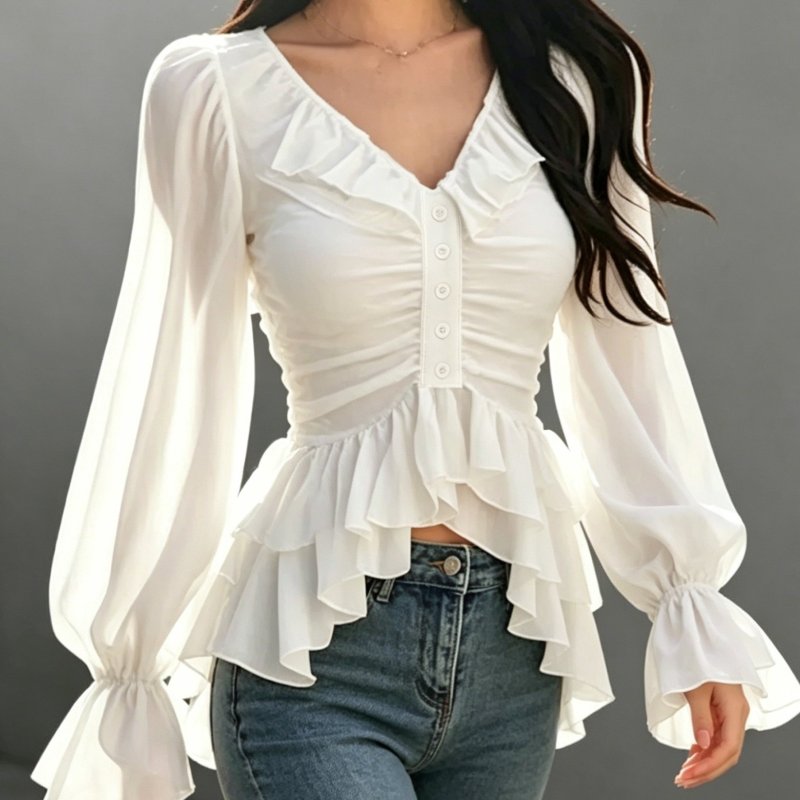Women'S Spring Summer Casual Elegant Ruffled V-Neck Lantern Sleeve Layered Design Blouse