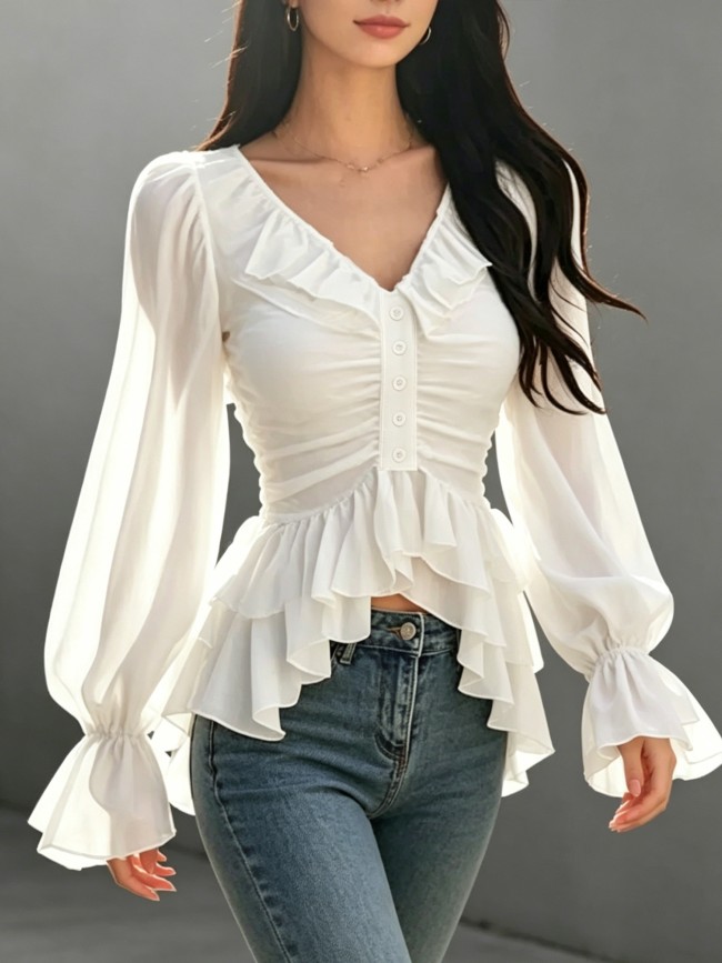 Women'S Spring Summer Casual Elegant Ruffled V-Neck Lantern Sleeve Layered Design Blouse