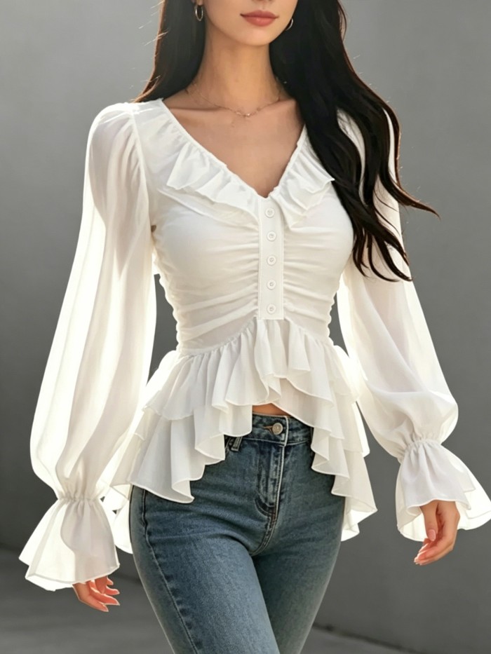 Women'S Spring Summer Casual Elegant Ruffled V-Neck Lantern Sleeve Layered Design Blouse
