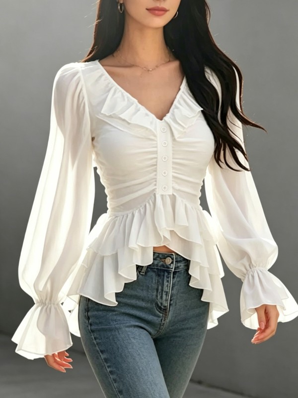 Women'S Spring Summer Casual Elegant Ruffled V-Neck Lantern Sleeve Layered Design Blouse