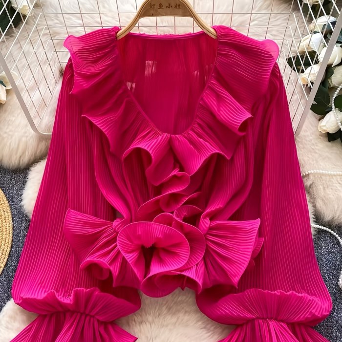 French Gentle Style\u002FV-Neck Ruffled Pleated Blouse\u002FWomen's Spring Summer Long Sleeve\u002FAll-Match Design Top