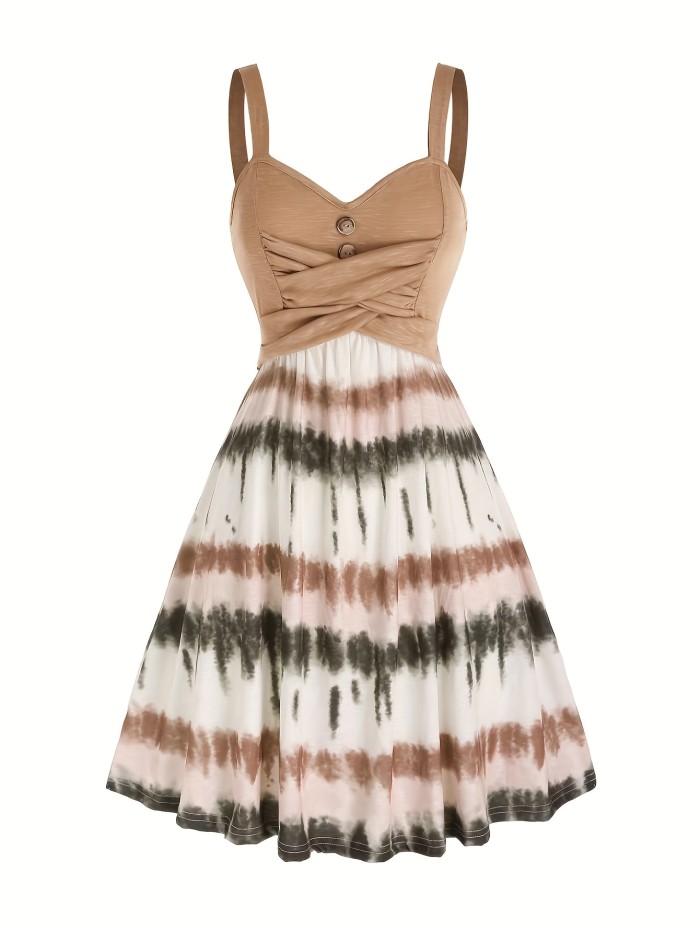 Tie Dye Print Fake Button Dress, Casual Sleeveless Backless For Summer, Women's Clothing